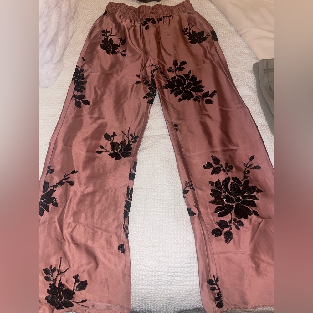 Zara embroidered satin pants with sequins